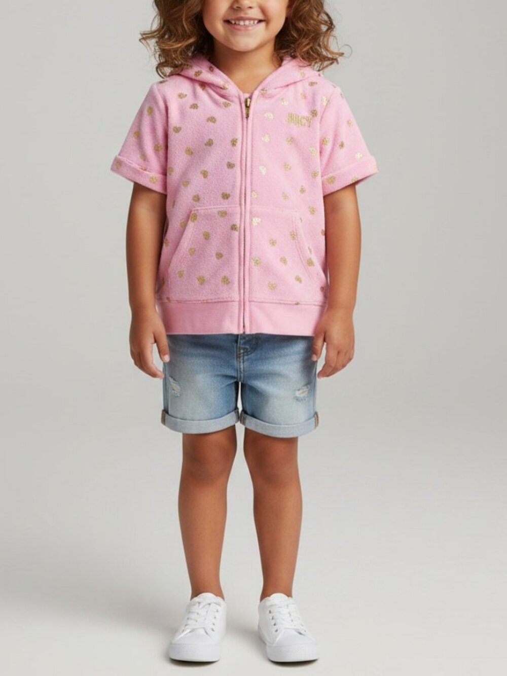 Juicy Couture Girls Short Sleeve Terry Hoodie - Pink & Gold Hearts - 6Y